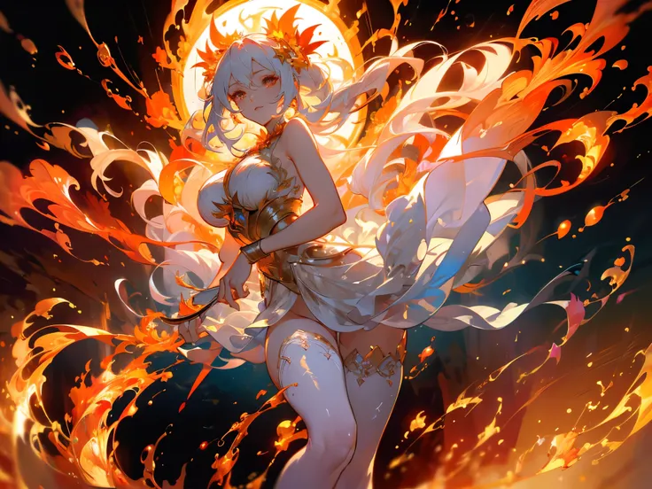 ((masterpiece， best quality))，Fire Goddess，Sun Crown，spark，Flame Surround，Delicate face，whole body，Perfect body proportions，luxurious，Extremely beautiful，Flame Leaves，White，Petals falling，sexly，Fishnet stockings，transparent，Star decoration，NUDE