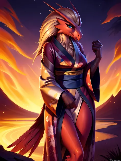 uploaded on e621, ((Blaziken)) by Pixelsketcher, by Bayard Wu, by Thomas Benjamin Kennington , by Einshelm, anthro, ((portrait)), BREAK, ((kimono:1.2)), wearing a kimono, long flowing kimono, red kimono, fire design on kimono, full body kimono)), (detailed...