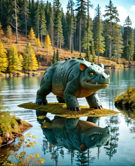 A realistic venusaur animal among the trees, forest lake, moss, cold weather, dark teal and amber, sony a7 iv, 4K, anatomically correct, masterpiece, high details, award winning, high quality, super detail, best quality
