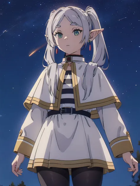 One girl,alone,Fairy,Gray Hair, Grey Hair, Earrings, Pointed Ears, Long Hair, ponytail, Green Eyes, Twin tails, Parted bangs, Thick eyebrows,
Capelet with collar, White capelet, Striped shirt, Long sleeve,Striped, White Skirt,
pantyhose,
Night Sky, perform...