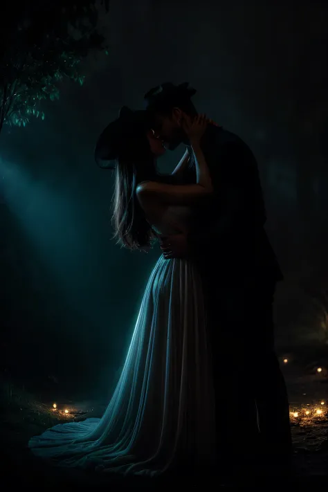 A woman wearing a tight, form-fitting dress and a classic witchs hat embraces a man in a dimly lit room, surrounded by elements of magic. Glowing orbs of light float around them, casting soft, ethereal hues of blue and purple that highlight their figures. ...