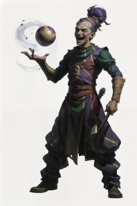 personagem rpg, i want a character with a white background, png, a jester, jester, juggling, rpg, naughty man, colorful clothes,...