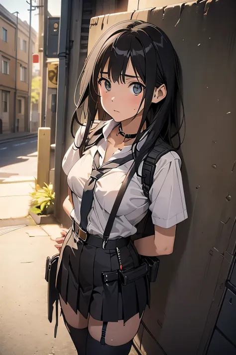 high quality, masterpiece, Ultra-high resolution, (Realism: 1.4), Oil painting style, Cinema Lighting, , I stood on the empty asphalt road and looked at it.., And suspenders with flying cranes　　Large Breasts　 　 　　　　Small face　 　　　holster　　　　　　　 Lying in be...