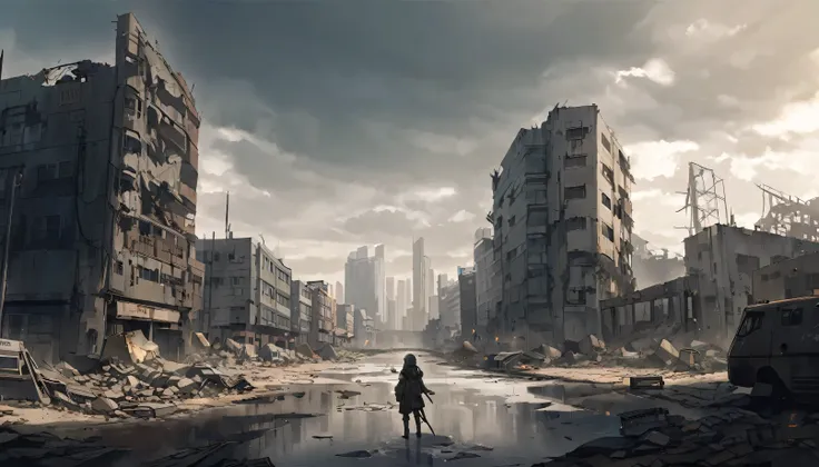 Gorgeous cityscape，There is a puddle of water in the middle, in a post apocalyptic city, outdoors ruined cityscape, destroyed city in background, post - apocalyptic city, dystopian wasteland, Ruined cityscape, em uma paisagem urbana arruinada, destroyed ci...