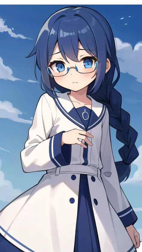 short, , blue hair, single braid, blue eyes, round eyes, shy, shy, , short, young face, short height, , glasses with no edges,flat chest,1girl，long hair，Long sleeves, cute clothes, fancy clothes, long skirts, 