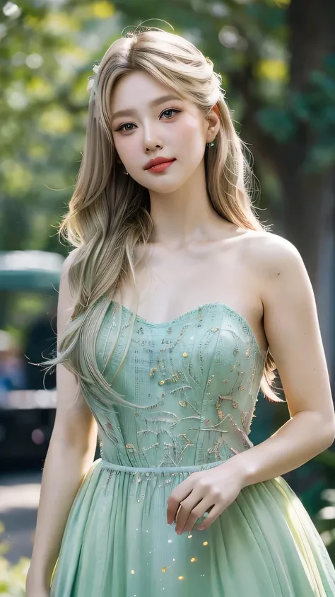 tinkerbell,green gown, blonde hair, facial portrait,girl,beautiful detailed eyes,beautiful detailed lips,extremely detailed face,longeyelashes,elegant dress,fairy tale princess,whimsical,magical realism,fantasy,intricate details,soft lighting,cool color pa...