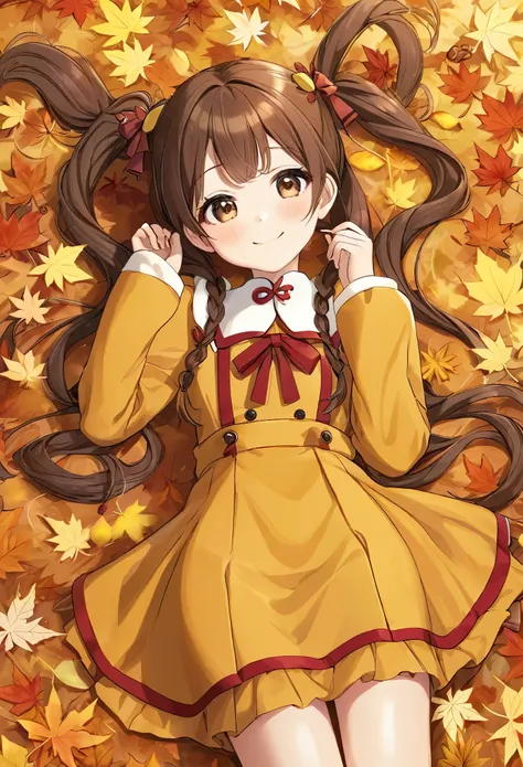 Brown long hair、A girl with twin tails is lying happily on the ground,yellow and brown costume、 Chin-dragging hand, Extremely sharp details., Autumn leaves are scattered everywhere, warm color, Top View