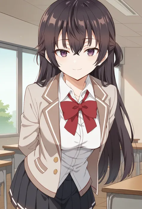 Score_9, Score_8_up, Score_7_up, ASCII masterpiece, source_anime, BREAK, 1girl, solo, 
yukisuou, yukisuou, long hair, bangs, brown hair, black hair, hair between the eyes, purple eyes, half up, , shirt, bow, school uniform , jacket, white shirt, collared s...
