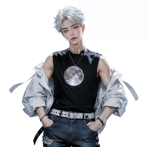 4K)) ((very high quality)) ((White background)) korean man, участник K-pop группы, Youngjae is a bright and memorable character with a striking appearance.. His hair is white. medium length hair. His eyes are light blue in color.. Youngjae has distinct fac...