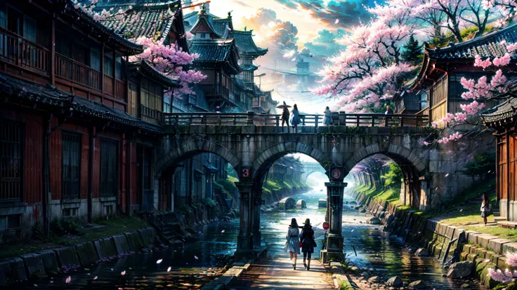 two people walk the bridge under a large cherry blossom, in the style of atmospheric paintings, gray and aquamarine, airbrush art, dark white and dark gray, lovely --ar 35: --stylize 750 --v 6