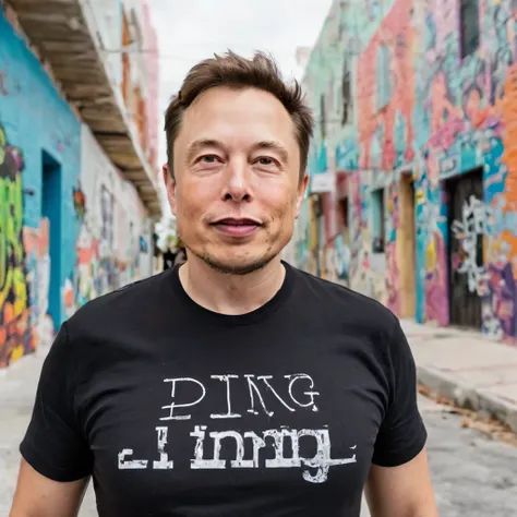 frontal image of Elon Musk looking to the camera, wearing a black t-shirt with word EL PINGÚ The background reveals colorful buildings with murals and an empty street of miami.