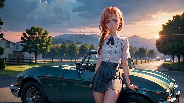 (((a girl next to a vintage car))), girl focus, areolas, ((see through white frilly shirt:1.3), full body, (dark_blue pleated skirt:1.2), (sweaty, see through)), (panty stretched:1.2), 2, (beautiful sunset sky), (village, sunset, orange teal colour grading...