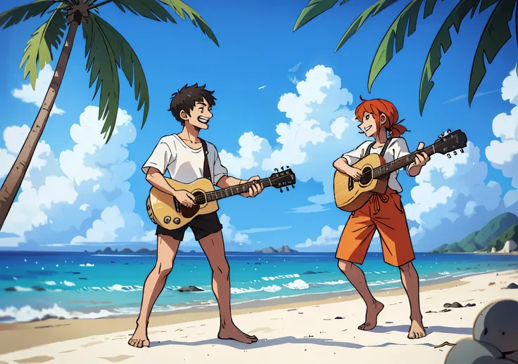 One playing guitar while one dancing on the beach