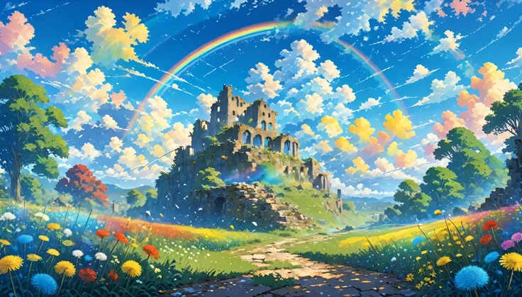 ((Amazingly absurd)),(masterpiece:1.2),超High resolution, Attention to detail, high quality, High resolution, 最high quality, 4K, 8k、very beautiful、landscape、landscape画、Endless blue sky、A rainbow appears、There is a group of ruins、Dandelion fluff flies up,rai...