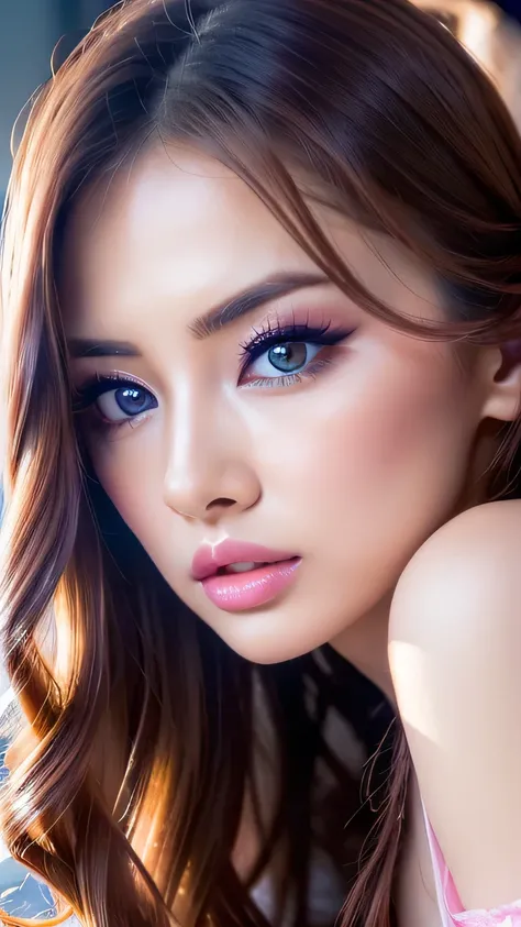 ((Highest quality, 超High resolution、The most complex and detailed depiction))、(Bright lighting:1.1)、(Beautiful woman:1.1)、(Long Wavy Hair:1.05), (Accurate anatomy:1.1)、Colored contact lenses、Perfect Makeup、Pink lipstick、Highly saturated eyeshadow、Unparalle...