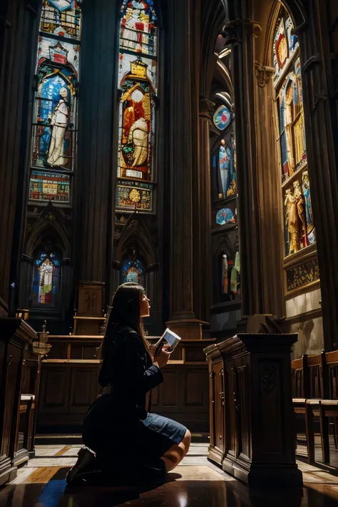 In the girl&#39;s hands put a rosary, on the floor remove the characters.