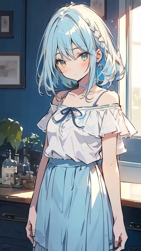 1 girl, solo, long light blue hair, yellow/golden eyes, wearing white ruffled off-the-shoulder blouse, a V-neckline, and an blue skirt. girl is giving cheerful pose