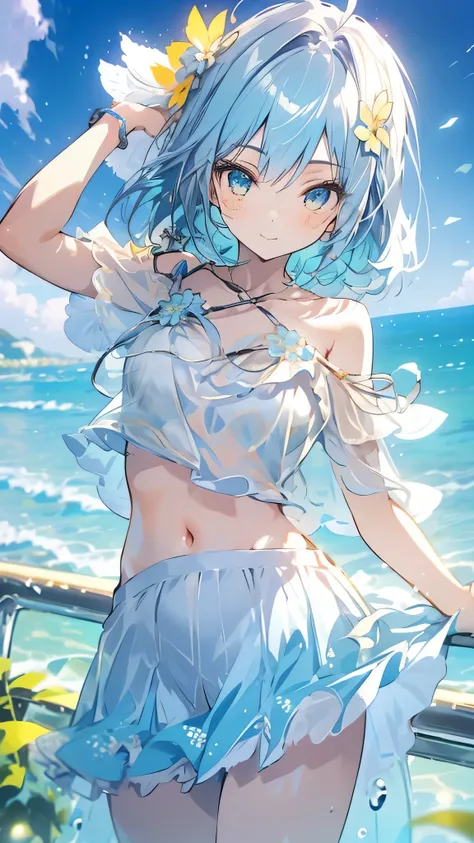 1 girl, solo, long light blue hair, yellow/golden eyes, wearing white ruffled off-the-shoulder blouse, a V-neckline, and an blue skirt. girl is giving cheerful pose