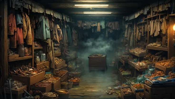 night, фентези market stall, a lot of closet space, many things, market stall, fog, horror, horrors