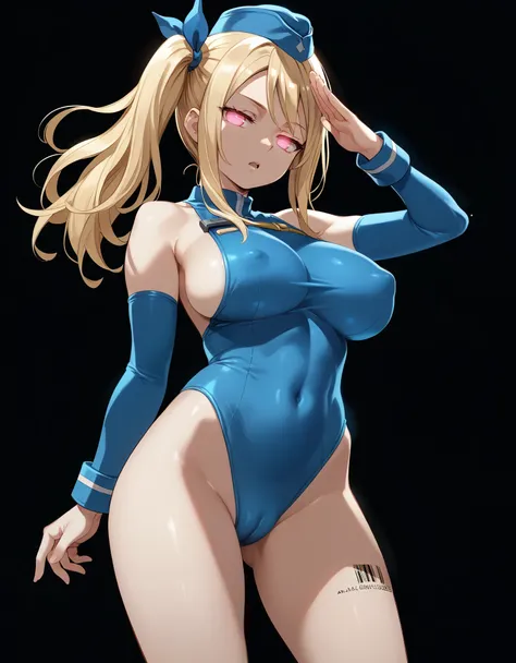 score_9,score_8_up,score_7_up, 1girl, aaLucy, hair ribbon, side ponytail, blonde hair, long hair, large breasts,, ((big breasts 1.8)), blue leotard, bare legs, covered navel, covered nipples, cameltoe, sideboob,leotard aside, garrison cap,salute,(expressio...