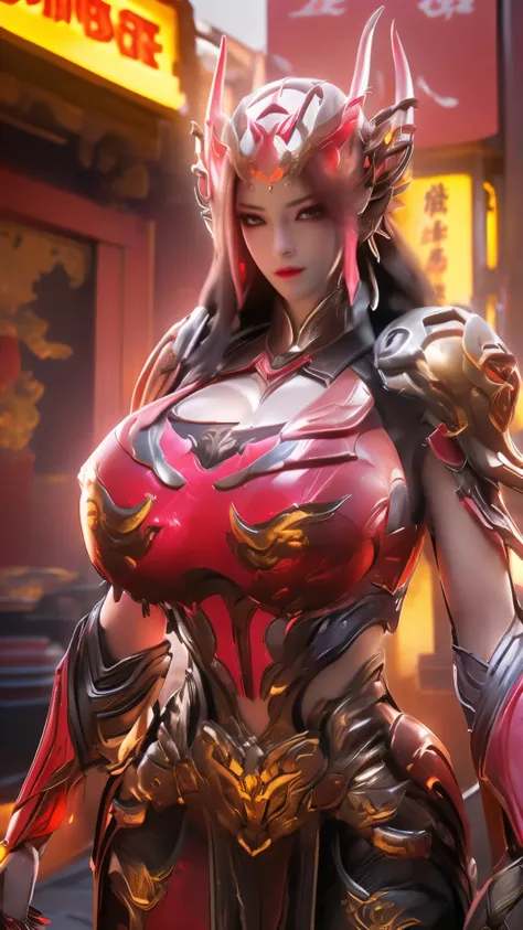 MASTERPIECE, BEST QUALITY, 1GIRL, CLOSE UP UPPER BODY, COWBOY SHOT PORTRAIT, ((DRAGON QUEEN HELM, LONG HAIR:1.5)), (GIGANTIC ROUND BREASTS,CLEAVAGE EXPOSED,ABS:1.5), ((WEARING OUTFIT MECHA CRIMSON DARK EVIL ARMOR OVERWATCH:1.5)), (OILED MUSCULAR THICC BODY...