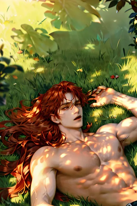 diluc shirtles with long red hair, with red chest hair, beautiful pecs, laying on the grass, top view, sunny soft day