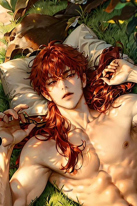 diluc shirtles with long red hair, with red chest hair, beautiful pecs, laying on the grass, top view, sunny soft day