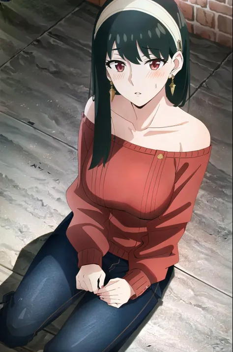 ((extremely detailed CG unity 4k wallpaper)),(masterpiece),(ultra quality),(ultra-detailed),(best illustration),(best shadow),(Extremely Detailed),(absurdres),(detailed background), Yor Forger, y, 1girl, solo, blush, black hair, red eyes, red sweater, hair...