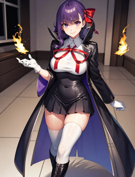 isoscale, mid shot,  night, ,,, purple hair, black jacket, white shirt, black skirt, red ribbon, big breasts, purple eyes, white...