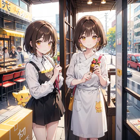 kawaii, anime, Cute, hyper quality, highly detailed, 8k, Clarity, Draw facial expressions in detail, yellow eyes, brown hair, bright, highlight on eyes, Inside the restaurant, holding a skewered cutlet, Its bright outside, smile, short hair, expose the who...