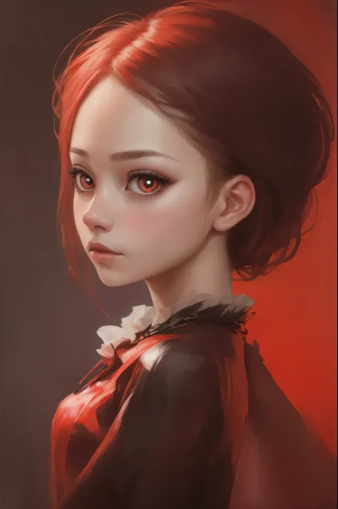 1girl, solo,red theme,looking at viewer,large eyes,portrait,from side,good-girl,((mature female))