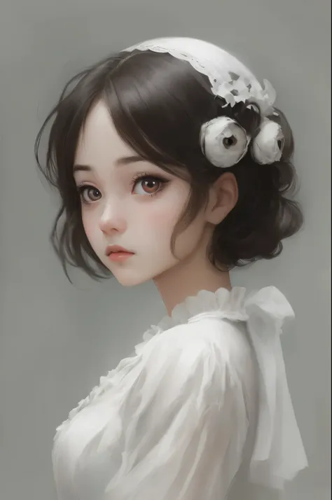 1girl, solo,white theme,looking at viewer,large eyes,portrait,from side,good-girl,((mature female))