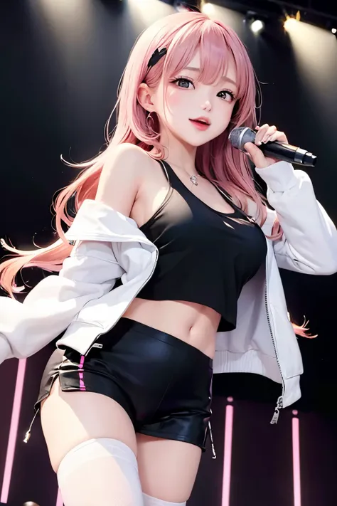 1girl, Solo, thin, High Resolution, Breasts, shiny body, tank top, Open Mouth, Hair Between Eyes, Earrings, From Below, Depth Of Field, singer, idol, scene, singer idol outfit, white, black jacket, stockings, pink hair, smile