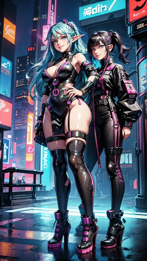 masterpiece, best quality, 2 ((smiling)) cyberpunk girls standing together, Harajuku-inspired cyberpunk body harness, bold colors and patterns, eye-catching accessories, trendy and innovative hairstyle, dazzling Cyberpunk cityscape, skyscrapers, neon signs...