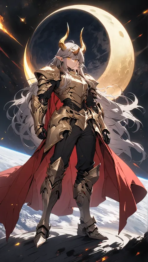 Masterpiece, Best Quality, Extra Detail, 1guy, good looking, long hair, gray hair, yellow eyes, stern look, horns, golden horn, dragon horn, crimson long coat, sleeveless, ((black armored gauntlet)), ((silver armored boots)), black pants, space, earth back...