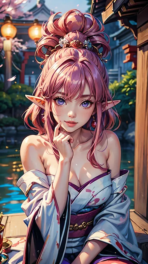 One girl, (Urzan-6500:0.7), K-Pop Idols, yae miko, Removable sleeves, Exposing shoulders, Pink Hair, Long Hair, kimono, Highest quality, (Painting:1.5), (hair ornaments:1.35), jewelry, Purple eyes, Earrings, chest, torii, cherry blossoms, Lantern Light, De...