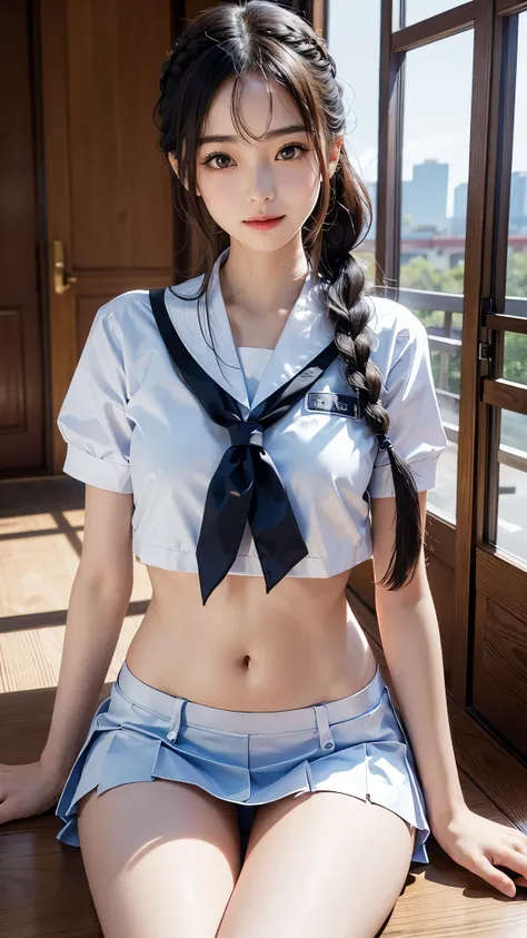 Japanese high school girls, girls in school uniforms、Thin thighs, long legs, thighs too thin,White skin,Braid,skinny,Thin arms,Narrow shoulders,smile,Perfect Face,View your viewers,Flat Chest,belly button,Anorexic super-skinny model body type,Childish,Pron...