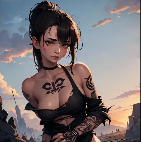 one mature girl, (full lips: 1.2), (tilted asian eyes: 1.3), brown hair in high ponytail, (black neck tattoo: 1.3), (wearing torn-up ragged clothes: 1.4), post-apocalyptic wilderness, (looking away from me: 1.2), (long shot high angle: 1.2)