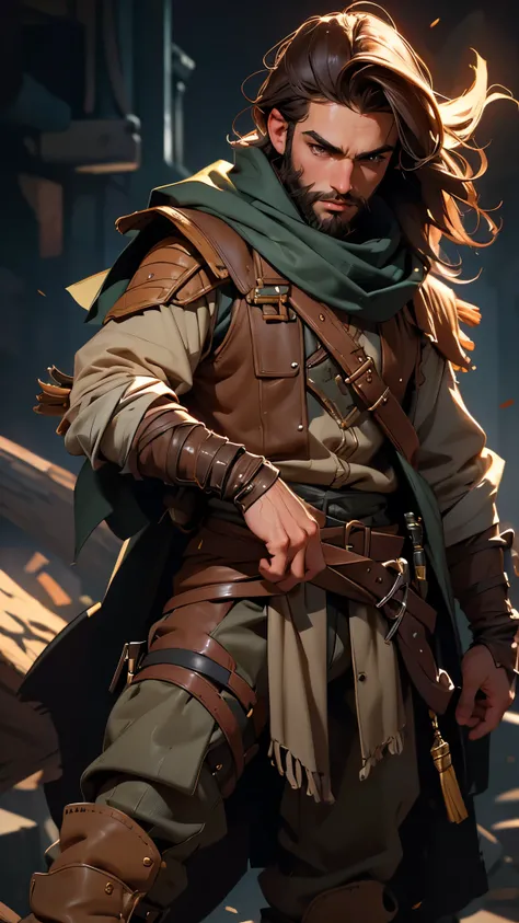 envision a 8k, highres, cinematic, detailed, semi realistic full body pinup of a handsome bandit young boy, a skinny body, full beard, and long brown hair, brown eyes, bandit scarf, bandit armor pants, boots,, (((1boy))), in dark lighting, against a dark b...