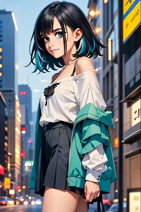 1girl, black_skirt, blue_hair, building, city, cityscape, hair_between_eyes, jacket, looking_at_viewer, medium_hair, multicolore...