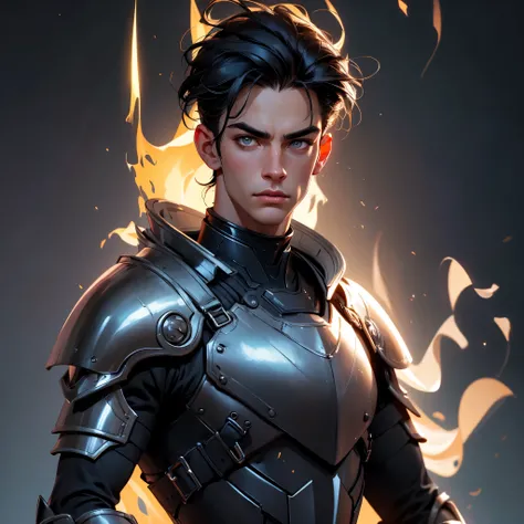 envision a 8k, highres, cinematic, detailed, semi realistic close up face pinup of a handsome young boy, a skinny body, clean shaved, and short sleek black hair, grey eyes, black leather armor, (((1boy))), in dark lighting, against a dark background