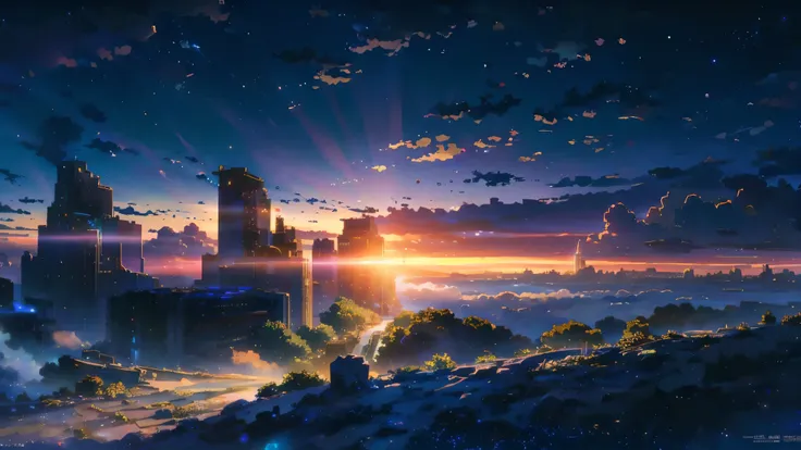 anime scene of an abandoned city under blue sky, anime drawing by makoto shinkai, topics on pixiv, magic realism, beautiful anim...