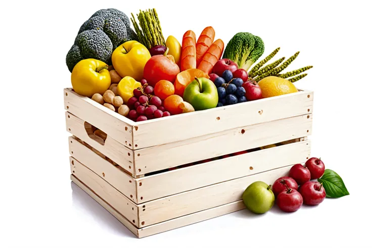 a wooden box with a lot of healthy food, illustration, isolated with solid white background, surrounded with negative space, centered composition, 8k, highest detailed painting, very precise painting, Isolated, clear solid white background, perspective ang...