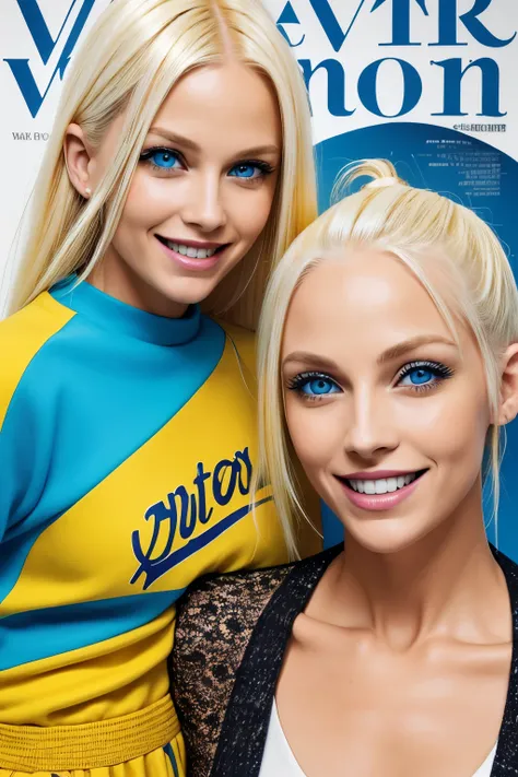 a mother and daughter yellow hair blue eyes on a magazine cover, vibrant colors, high-resolution, realistic portrayal, fashion-f...