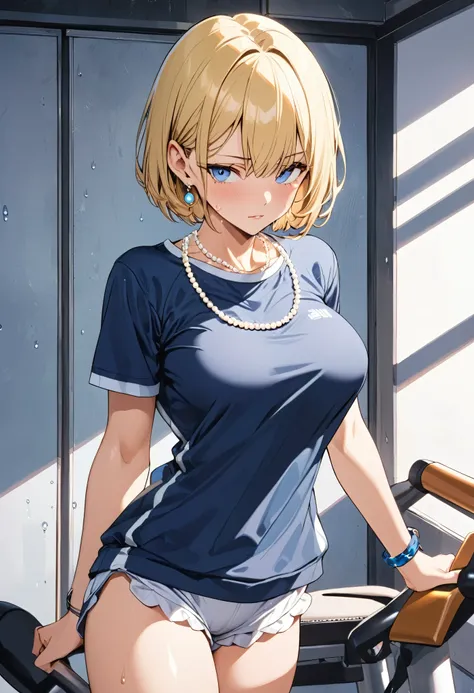 masterpiece, Highest quality, High resolution, (Artificial Human Room No. 18),1990s (style),(E-cup beautiful breasts)、height: 170cm,Sweating all over the body、muscular、((sexly))、(Browsing Caution),solo,Anime-style painting style, bionde, Blue eyes, High sc...