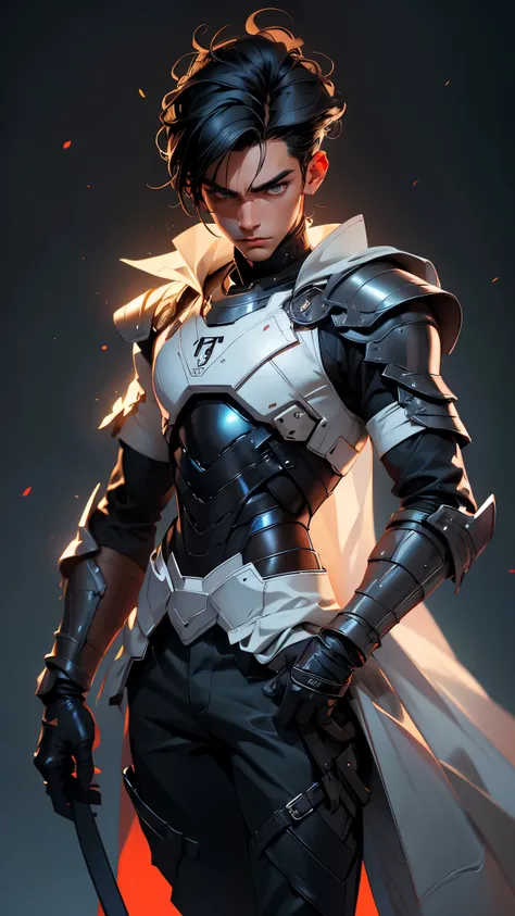 envision a 8k, highres, cinematic, detailed, semi realistic full body pinup of a handsome young boy, a skinny body, clean shaved, and short sleek black hair, grey eyes, black leather armor, pants, boots, (((1boy))), in dark lighting, against a dark backgro...