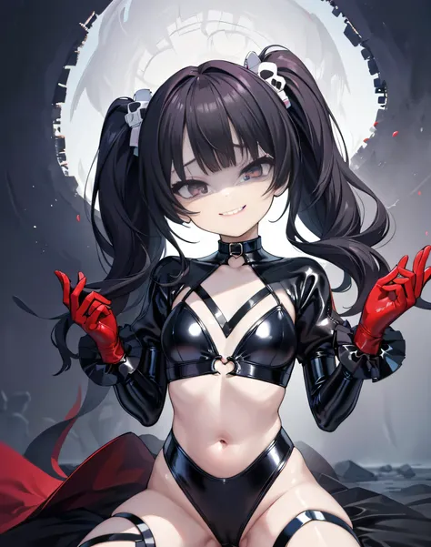 ((Highest quality)), (masterpiece)), (detailed: 1.4), Disorganized solutions、High resolution、(masterpiece:1.4)、Super detailed、Beautiful girl、Highest quality、masterpiece、Very detailed、(1 person):1.4、(Black latex swimsuit)、、Twin tails、Short Twin tails、choker...