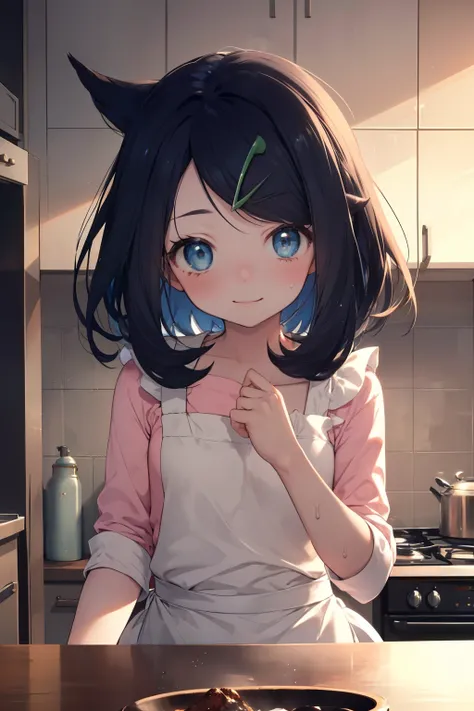 cute apron, Newly Married, Love love, (masterpiece, Highest quality, 8K ultra-high resolution:1.4), 14yo, kawaii Pokemon RikoFlash photography, Backlight, (The best smile:1.4), Knife, Written boundary depth, Dramatic portrayal, (Kitchen Background), Focus ...