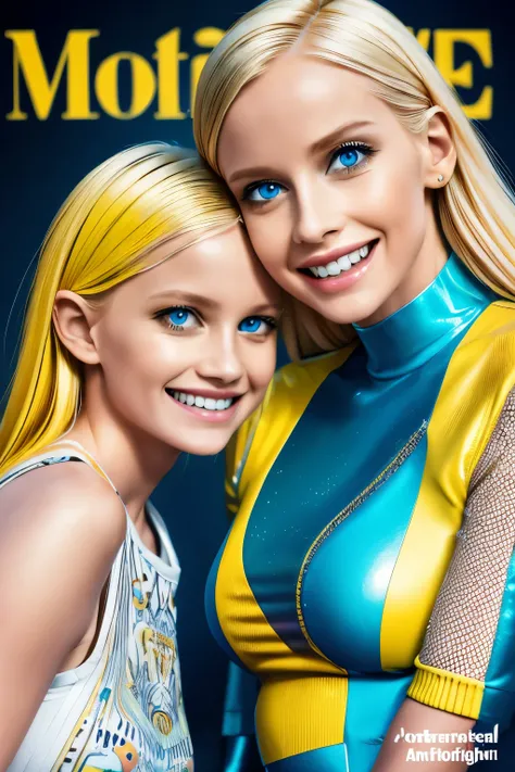 a mother and daughter yellow hair blue eyes on a magazine cover, vibrant colors, high-resolution, realistic portrayal, fashion-f...