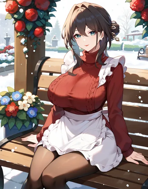 masterpiece, score_9, score_8_up, score_7_up, best quality, extremely detailed, 1girl, milf, solo, ruan mei (honkai: star rail), (huge breasts), red lips, (((turtleneck sweater, sweater dress, long sleeves, white apron, frilled apron, pantyhose))), ((light...